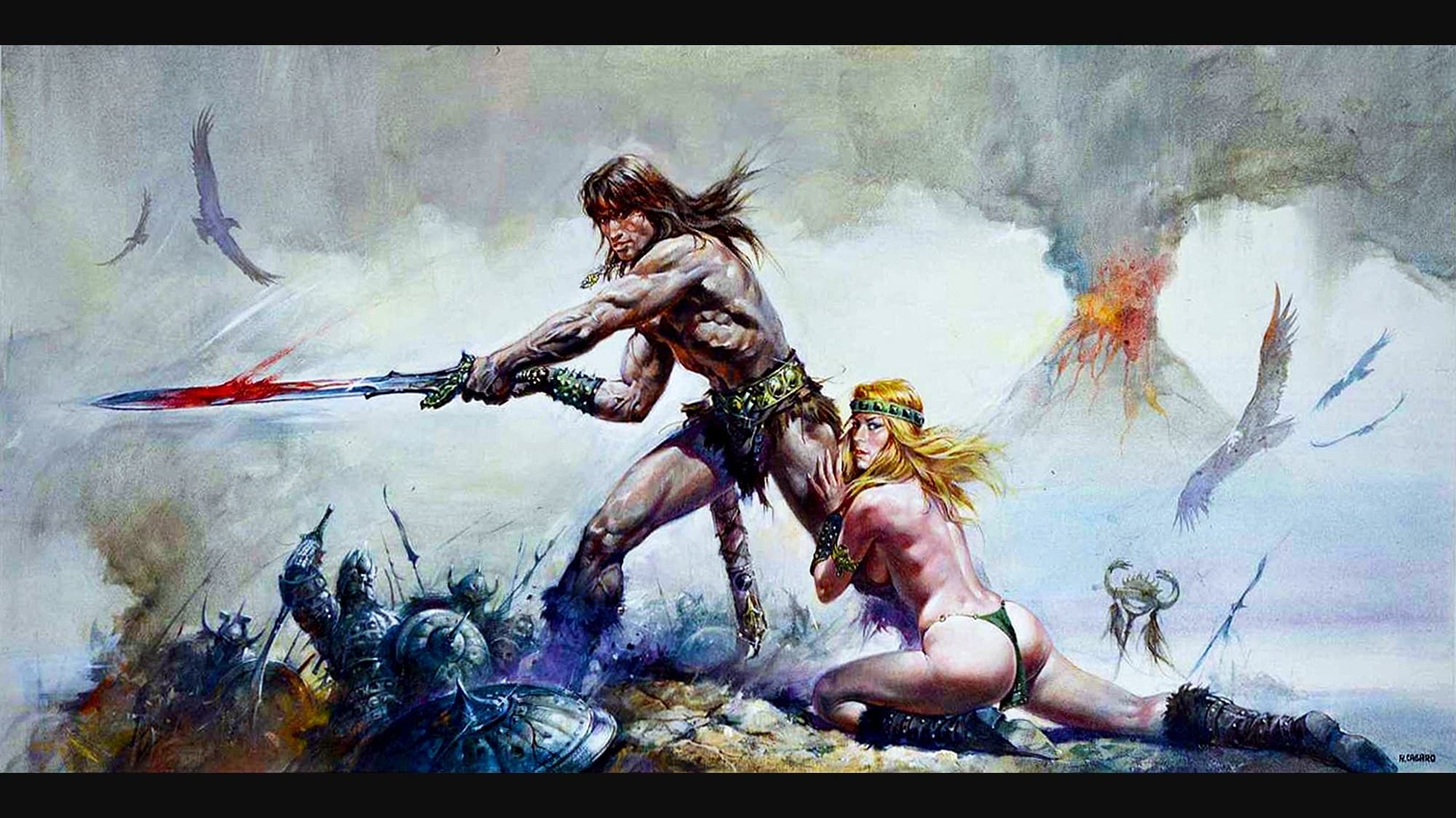 Conan the barbarian holding sword like dick